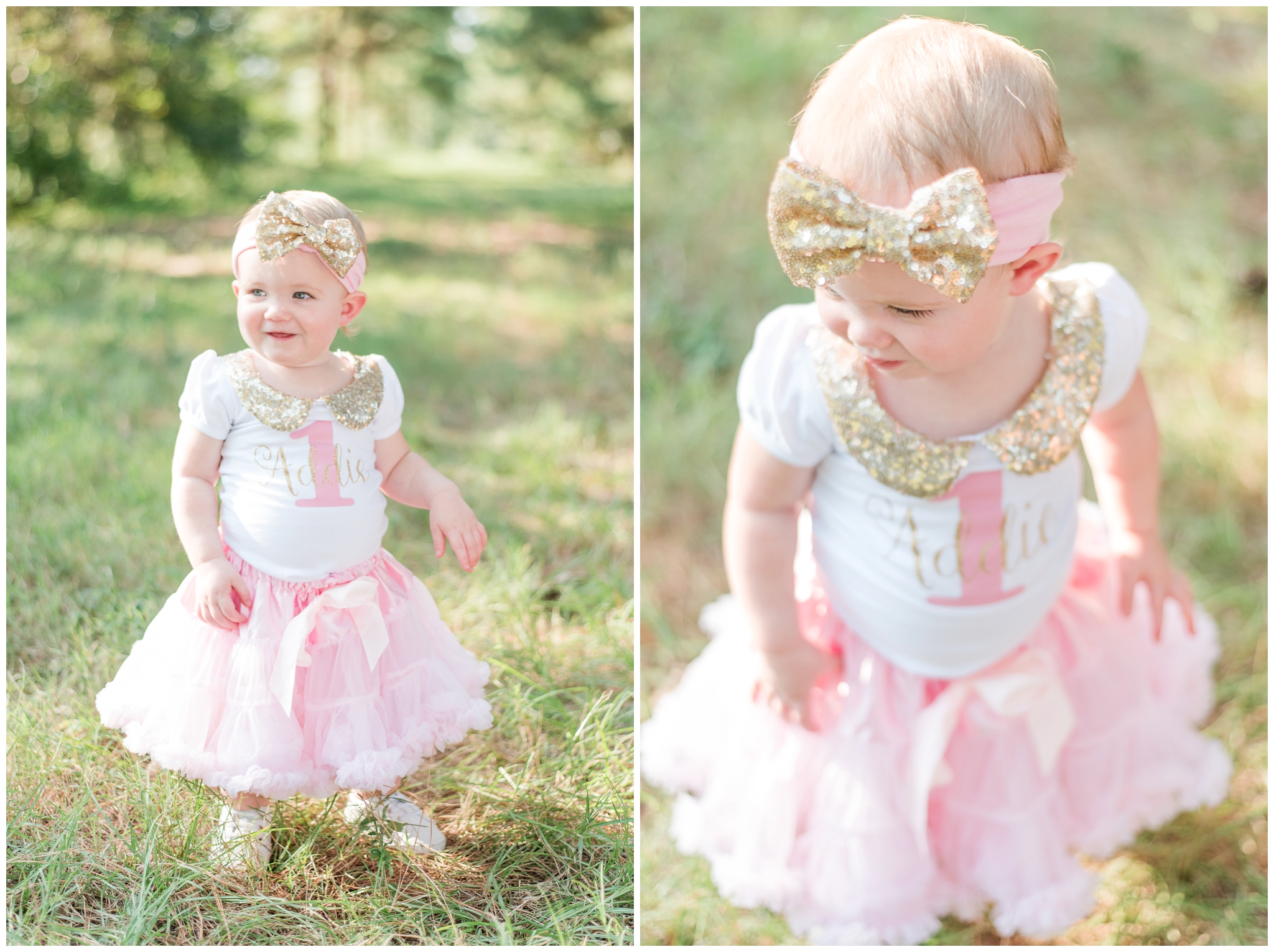 Kingwood child photographer 1 year milestone session with little girl in pink & gold sequin outfit