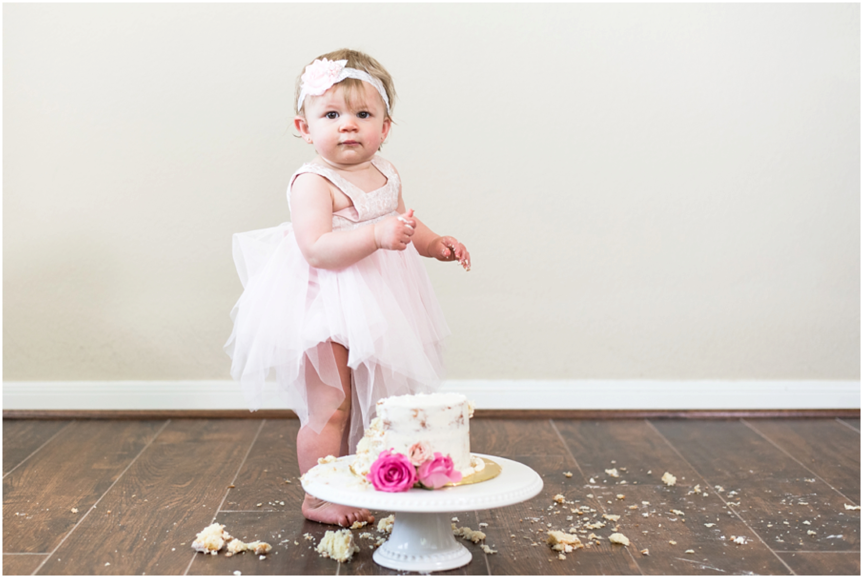 Kingwood photographer - Little girl's blush, white & cream cake smash session for Little Ones milestone portrait collection